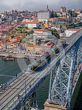 Porto Metro Train, Dom Luis 1 Bridge, Vila Nova de Gaia, Portugal.