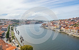 Porto Oporto cityscape top view at river Douro and both sides of city