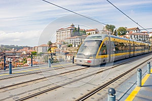 Porto Oporto metro subway tram train railway at Douro river bridge, empty street