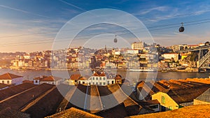 Porto Oporto, old town on the Douro River, panorama of Porto with cable cars and boats. Porto, Portugal