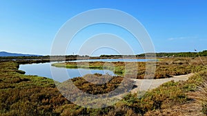 Porto Pino pond panoramic view. Sardinia, Italy