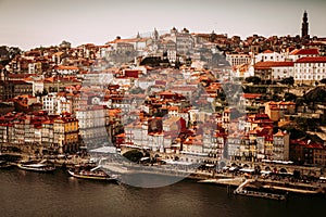 Porto, Portugal, amazing view of Riberia district with historical houses and Douro river seen from Ponte de Dom Luis