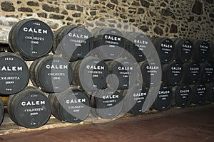 Porto, Portugal, August 21,2018: the Number of barrels of port wine in the cellars of Calema. Visible on the barrels of aging wine