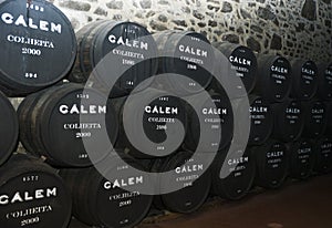 Porto, Portugal, August 21,2018: the Number of barrels of port wine in the cellars of Calema. Visible on the barrels of aging wine