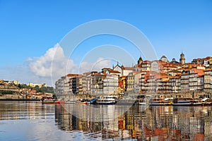 Porto Portugal city skyline at Ribeira and Douro River photo