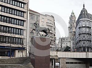 Porto, Portugal -  D. Joao Square and Steeds, two statues of the sculptor JoÃ£o Fragoso.