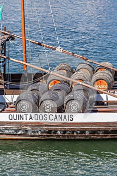 Detailed view at the Porto wine barrels on Rabelo Boat, on Douro river