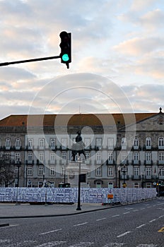 Porto, Portugal -07/02/2020: InterContinental  Palacio das Cardosas and Statue of King Dom Pedro VI , Av. dos Aliados photo