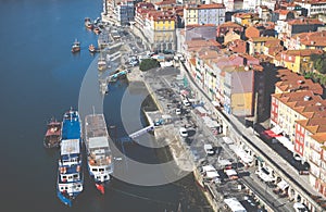 PORTO, PORTUGAL - JANUARY 18, 2018: Landscape view on the riverside with beautiful old buildings in Porto city, Portugal