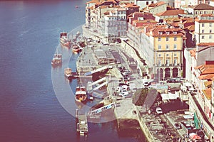 PORTO, PORTUGAL - JANUARY 18, 2018: Landscape view on the riverside with beautiful old buildings in Porto city, Portugal