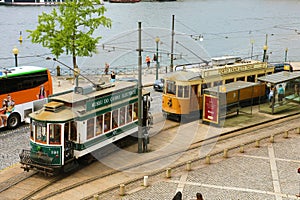 PORTO, PORTUGAL - JUNE 21, 20: aerial view of vintage trams in the old european city of Porto, Portugal