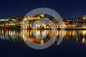 Porto, Portugal old city skyline from across the Douro River at night