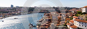 Porto, Portugal old town ribeira aerial promenade view with colorful houses, Douro river and boats