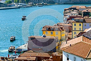 Porto, Portugal old town ribeira aerial promenade view with colorful houses, Douro river, panoramic view