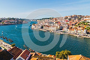 Porto, Portugal old town ribeira aerial promenade view with colorful houses, Douro river, panoramic view