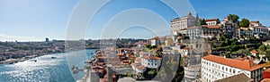 Porto, Portugal old town ribeira aerial promenade view with colorful houses, Douro river, panoramic view