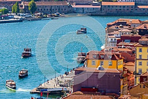 Porto, Portugal old town ribeira aerial promenade view with colorful houses, Douro river, panoramic view