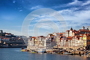 Porto, Portugal old town skyline from across the Douro River.