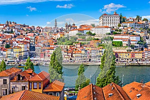 Porto, Portugal old town skyline from across the Douro River.Po