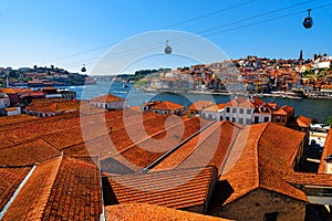 Porto, Portugal old town skyline with orange rooftops from vila nova de gaia on the Douro River