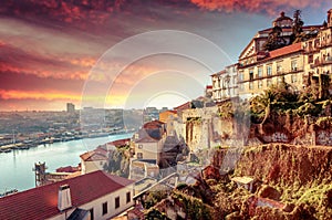 Porto, Portugal old town skyline at sunset, beautiful cityscape