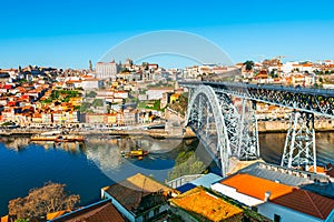 Porto, Portugal. Panoramic view of the old town and bridge Ponte Luis I over Douro river