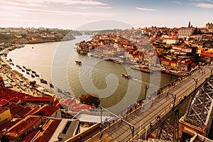 Porto, Portugal, picturesque view at Riberia old town and Ponte de Dom Luis bridge over Douro river.