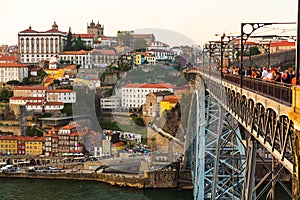 Porto, Portugal, picturesque view at Riberia old town and Ponte de Dom Luis bridge over Douro river.