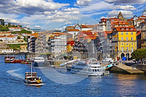 Porto Portugal. Pleasure boat at river Douro.