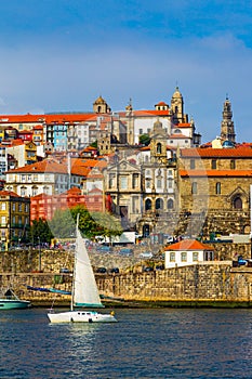 Porto, Portugal Riberia district with historical buildings seen from Douro River