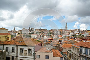 Porto, Portugal - September 17, 2023. View of the old town and Tower of Clerigos. Cloudy day