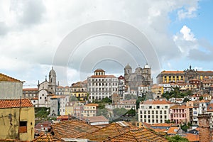 Porto, Portugal - September 17, 2023. View of the old town and Tower of Clerigos. Cloudy day