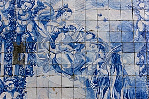 Tile painting, religious art. Blue traditional portuguese tiles. Santa Catarina church, Porto, Portugal