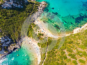 Porto Timoni beach at Afionas is a paradise double beach with crystal clear azure water in Corfu, Aerial view, Ionian island,