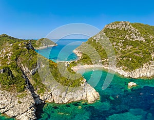 Porto Timoni beach at Afionas is a paradise double beach with crystal clear azure water in Corfu, Aerial view, Ionian island,
