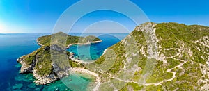 Porto Timoni beach at Afionas is a paradise double beach with crystal clear azure water in Corfu, Aerial view, Ionian island,