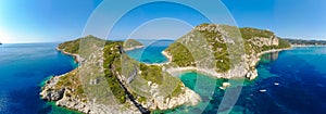 Porto Timoni beach at Afionas is a paradise double beach with crystal clear azure water in Corfu, Aerial view, Ionian island,