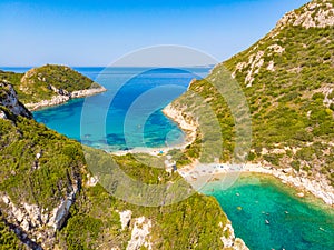 Porto Timoni beach at Afionas is a paradise double beach with crystal clear azure water in Corfu, Aerial view, Ionian island,