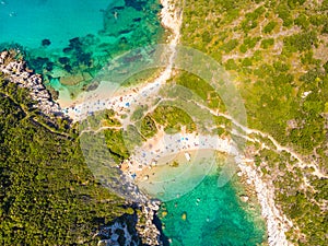 Porto Timoni beach at Afionas is a paradise double beach with crystal clear azure water in Corfu, Aerial view, Ionian island,