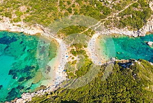 Porto Timoni beach at Afionas is a paradise double beach with crystal clear azure water in Corfu, Aerial view, Ionian island,