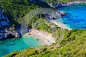 Porto Timoni beach at Afionas is a paradise double beach with crystal clear azure water in Corfu, Ionian island, Greece, Europe