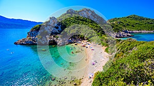 Porto Timoni beach at Afionas is a paradise double beach with crystal clear azure water in Corfu, Ionian island, Greece, Europe