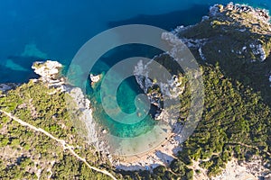 Porto Timoni beach, Agios Georgios, near Afionas village, beautiful landscape, Corfu island, Greece, with turqoise water and sea