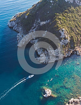 Porto Timoni beach, Agios Georgios, near Afionas village, beautiful landscape, Corfu island, Greece, with turqoise water and sea