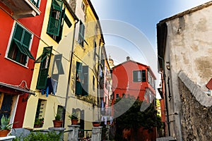 Porto Venere,Liguria,Italy. June 2020.Typical secondary alley in the heart of the town: they are called carruggio. Houses with