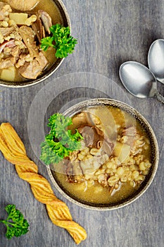 Portobello mushroom soup with potato and pearl barley.