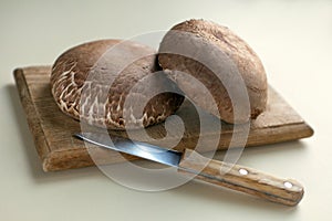 portobello mushrooms on wooden table. brown mushrooms, on a dark table with cutting board. Selective focus.