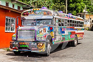 PORTOBELO, PANAMA - MAY 28, 2016: Colorful chicken bus, former US school bus. in Portobelo village, Pana