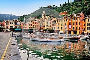 Portofino Bay and the central square in Liguria, Italy