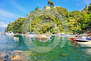 Portofino coastline, luxury boats and yacht, bay harbor. Liguria, Italy